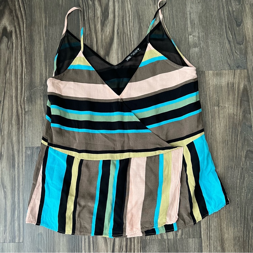 Zara Multi Color Peplum Camisole Spaghetti Strap V-Neck Top - Picture 2 of 11